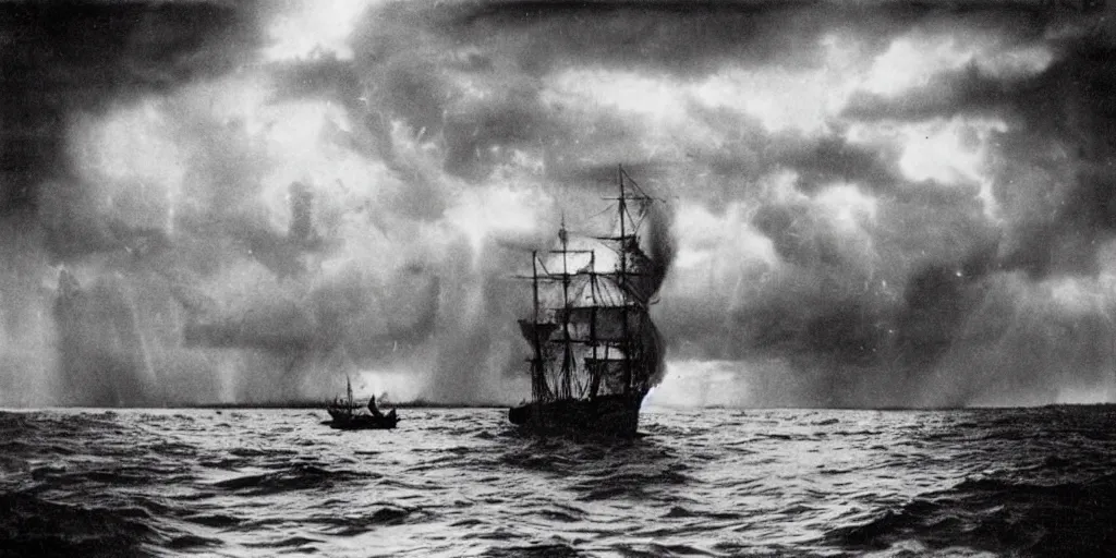 Prompt: a boat sailing in a thunderstorm where the clouds look like skulls, 1 9 0 0 s photograph