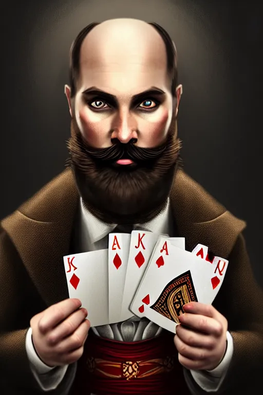 Prompt: bearded round face with no moustache, magician holding playing cards, realistic, modern, magicians eyes are covered with cloth, intricate, elegant, highly detailed, digital painting, artstation, concept art, addiction, chains, smooth, sharp focus, illustration, art by ilja repin