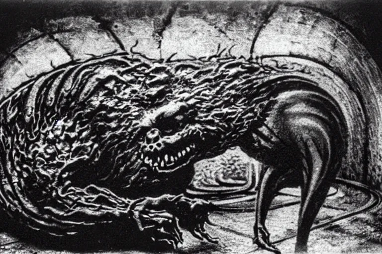 Image similar to very large giant mutant zombie irradiated ( angry rat ) staying on railways in tonnel of moscow subway. tonnel, railways, giant angry rat, furr, fangs, claws, very realistic. extreme long shot, 1 6 mm, herman nitsch and herman nitsch, giger.