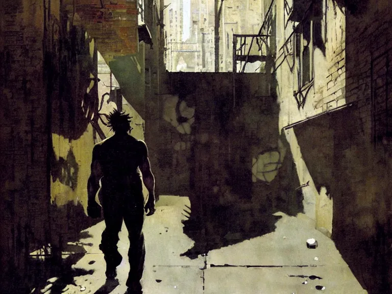 Prompt: hulk in an alley by mead schaeffer