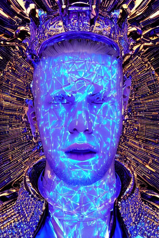 Image similar to hyper detailed ultra sharp portrait of baroque and bladerunner delicate neon diamond sculpture of seductive albino pharaoh nick jonas, sarcophagus blue iridescent humanoid deity wearing metallic hoody made out of hands holding the sun prismatic dungeon, glowing blue face, crown of white diamonds, cinematic lighting, photorealistic, octane render 8 k depth of field 3 d