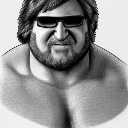 Image similar to highly detailed pencil sketch of a muscular Gabe Newell