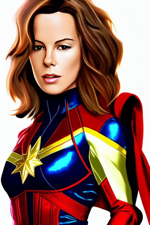 Image similar to young gorgeous Kate Beckinsale as Captain Marvel high quality digital painting in the style of James Jean