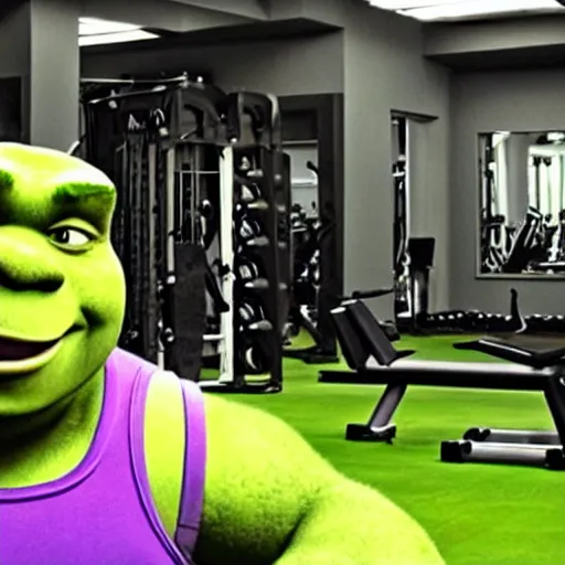 Image similar to shrek goes to the gym to get ripped