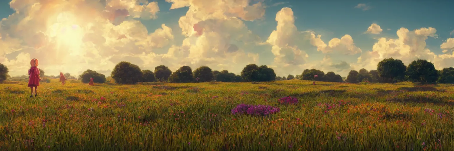 Prompt: an ultra photorealistic and sharp film still of an a sunny and colourful open field with perfectly round circular clouds. wide shot, wes anderson, studio ghibli, pixar and disney animation, octane render, anime key art by greg rutkowski, dramatic lighting, award winning photography