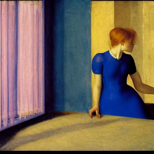 Image similar to close up of a girl in a blue and gold haunted liminal abandoned room, film still by edward hopper, by Pontormo, by klimt, art noveau, highly detailed, strong lights, liminal, eerie, Bright pastel colors