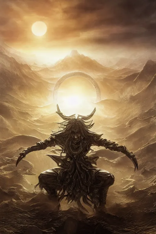 Image similar to an ultra detailed 3 d render of the sun tzu as an elden ring boss, epic anime fantasy, 8 k, in the style of a fantasy metal album cover and magic the gathering, volumetric lighting, smooth, highly detailed, digital illustration, octane render, art by albert bierstadt and greg rutkowsi, artstation