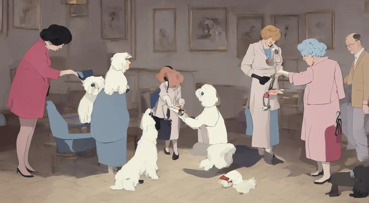 Image similar to queen of england placing a medal on the neck of a cream - colored havanese dog, england, 1 9 0 0, tartakovsky, atey ghailan, goro fujita, studio ghibli, rim light, happy, warm lighting, clear focus, very coherent