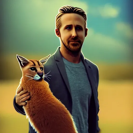 Image similar to Fullbody potrait of Ryan Gosling holding cute caracal, hyper realistic, prismatic highlights, atmosphere, gorgeous, depth of field, cinematic, macro, concept art, 50mm, artstation, wlop, elegant, epic, weta digital, focus, octane render, v-ray, 8k, kodak portra, art by Liberatore