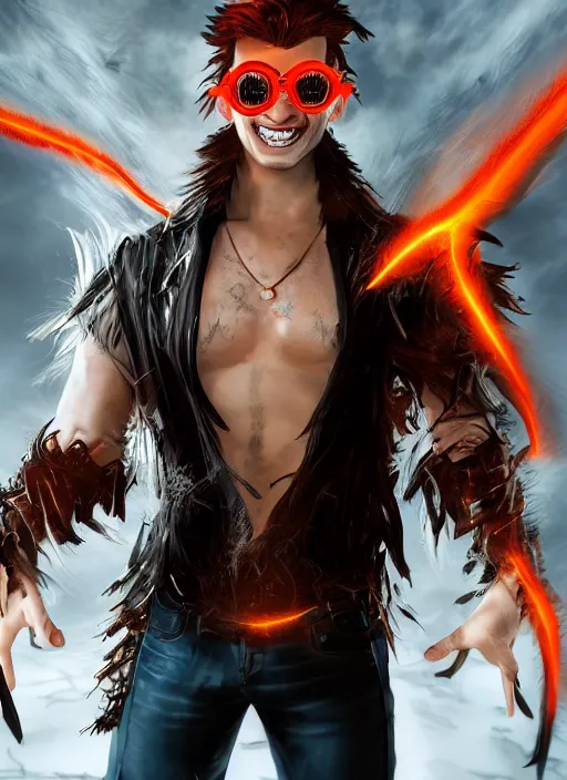 Image similar to An epic fantasy comic book style portrait painting of young man with red spiked long hair, using an orange lens googles. Wearing a black waistcoat, white shirt. He is with a vicious smile in face. Unreal 5, DAZ, hyperrealistic, octane render, cosplay, RPG portrait, dynamic lighting