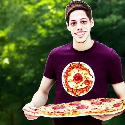 Image similar to pete davidson happily carrying a fresh pizza without a box, just the pizza, outside in a park