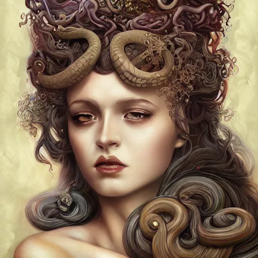 Prompt: realistic mythological greek medusa, snakes on the head, by anna dittmann
