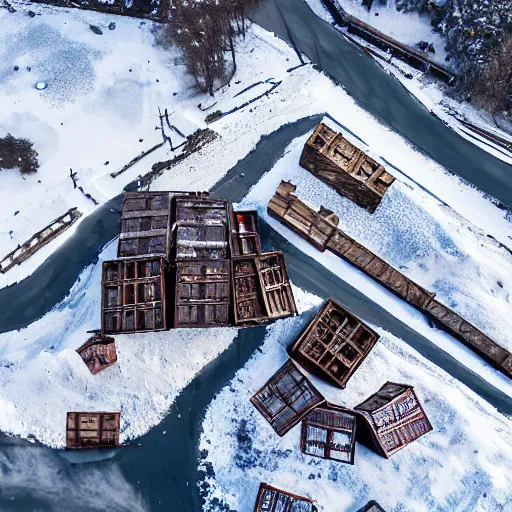 Image similar to abandoned mine and crates full of supplies buried in snow::2 snowy region on coast of ever snow, aerial drone perspective, top down view ::1 sattelite image of snow from 250 meters height, some coal boxes and barrels are covered in snow, old mine remains :: 1 post apocalyptic, snowstorm ::5