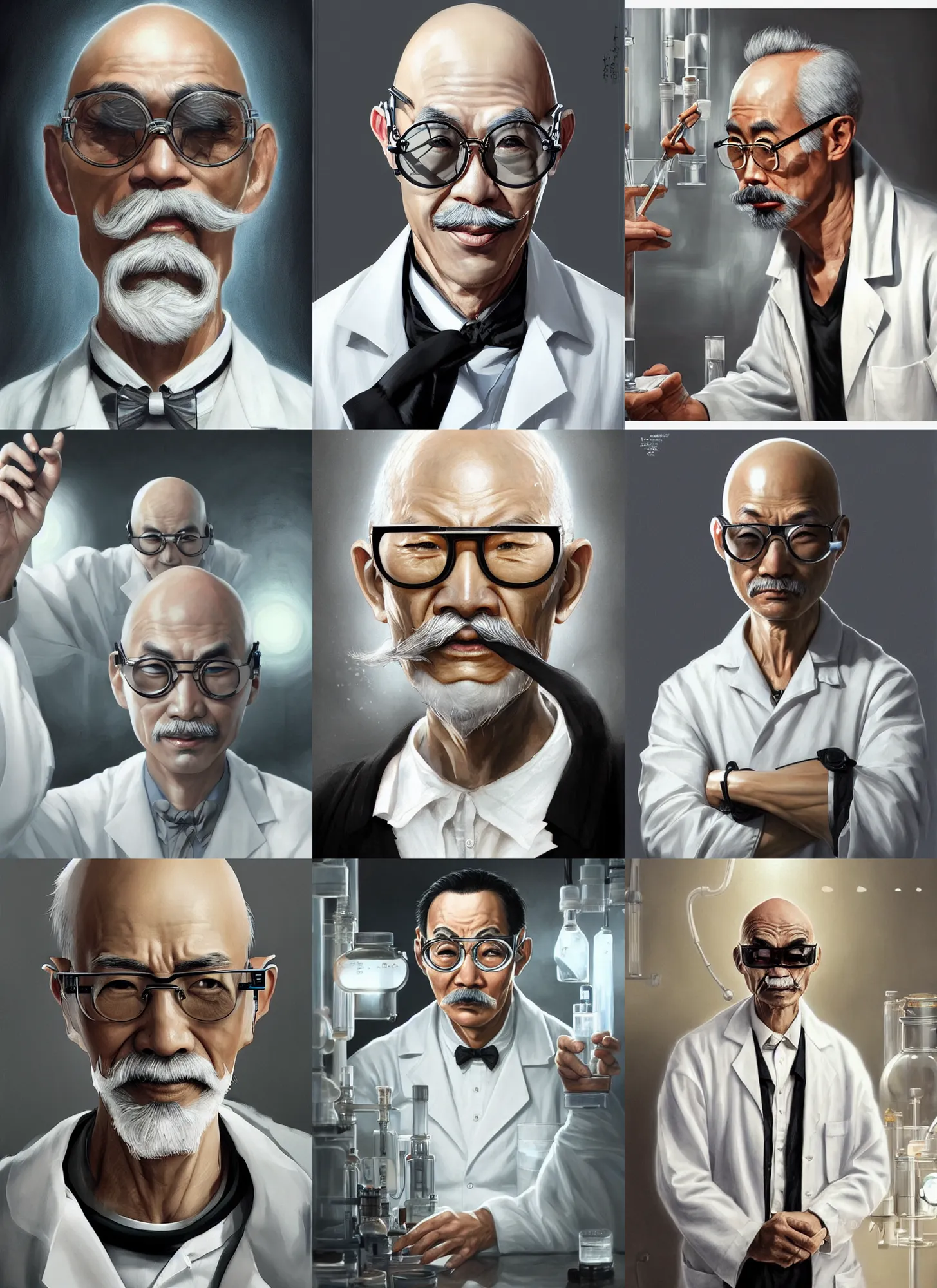 Prompt: asian old skinny scientist, bald, big moustache, black sunglasses, white gown, in laboratory, intricate, elegant, digital painting, highly detailed, artstation, sharp focus, concept art, illustration, artgerm, aleksi briclot, rutkowski