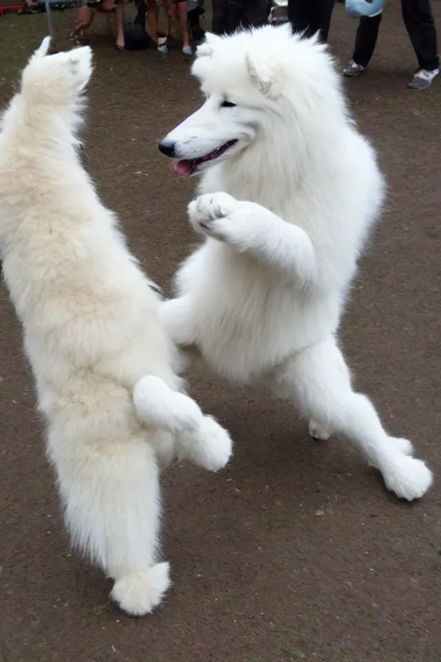 Image similar to samoyed dog doing wai kru muay thai movements