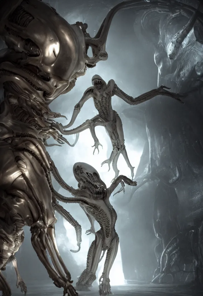 Image similar to a young girl fighting a white xenomorph in the thigh corridors of the covenant vessel, extremely realistic and highly detailed 8 k, sharp focus, mysterious atmospheric lighting, octane render, dramatic volumetric lighting, golden ratio, extremely realistic faces