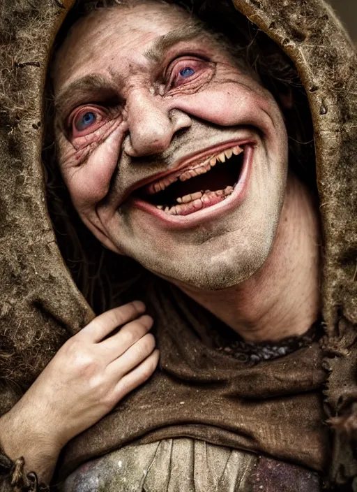 Image similar to closeup portrait of a grinning drunken medieval goblin in the cloisters, depth of field, zeiss lens, detailed, symmetrical, centered, fashion photoshoot, by annie leibovitz and steve mccurry, david lazar, jimmy nelsson, breathtaking, 8 k resolution, extremely detailed, beautiful, establishing shot, artistic, hyperrealistic, beautiful face, octane render