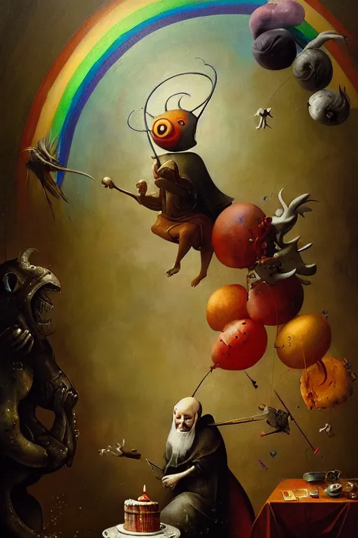 Prompt: hieronymus bosch, greg rutkowski, anna podedworna, painting of a happy rainbow jester with a birthday cake, smiling, uplifting