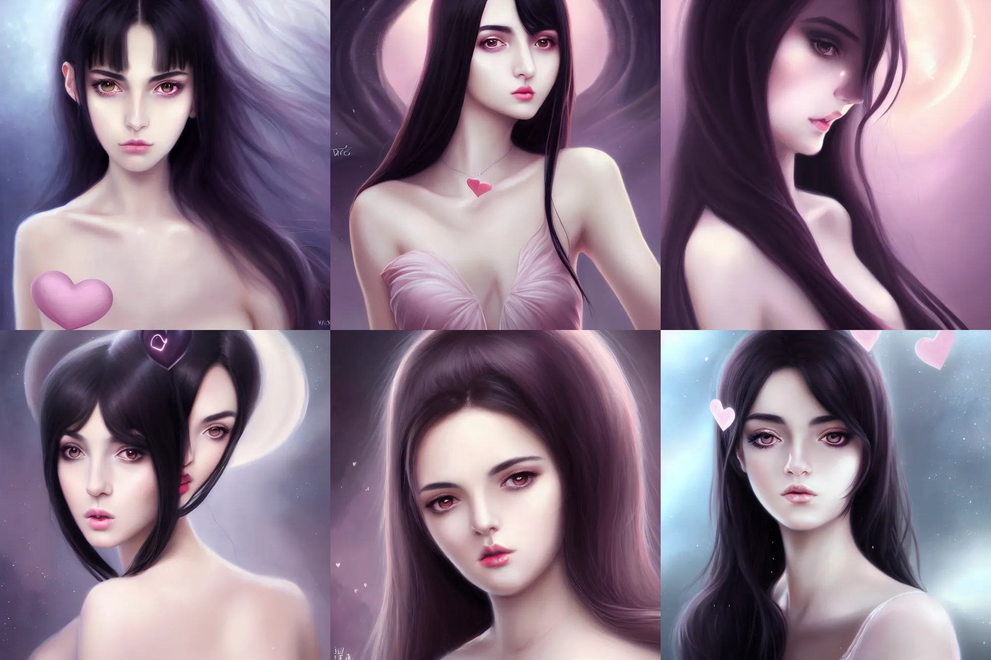 Prompt: portrait of a beautiful elgant young turkish adult with a heart shaped face, pale ivory skin, downturned hazel eyes, button nose, thin light pink lips, natural straight black eyebrows, long thin black hair, halter neck shirt, ethereal, magical background, intricate facial features, anime, fantasy, digital painting, trending on artstation, deviant art, by wlop