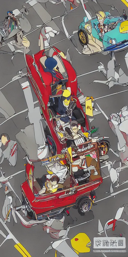 Image similar to a birds eye view of a man in a chariot in tokyo, driving fast, drawn like the anime speed racer, full color