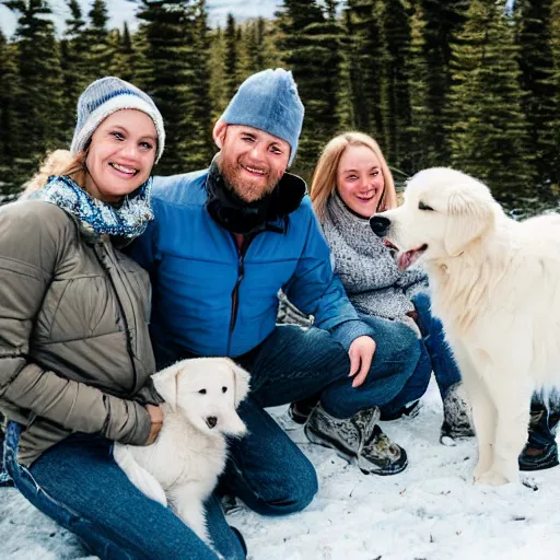 Prompt: white golden retriever with a man, a women, and a baby in Alaskan mountains