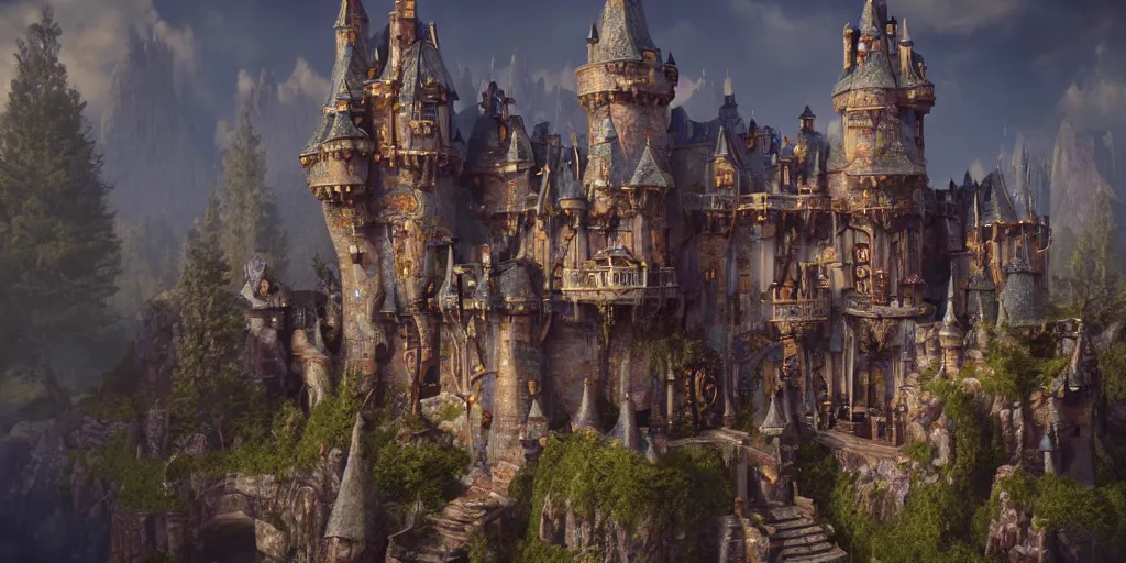 Image similar to a fantasy castle, extremely detailed, Behrens style, unreal 5 render, fantasy digital art, octane render, beautiful composition, trending on artstation, award-winning photograph, masterpiece