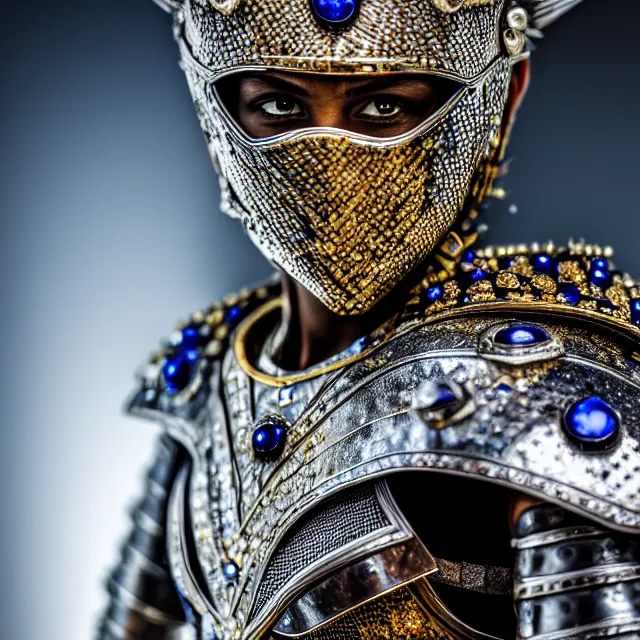 Image similar to photo of a beautiful warrior with sapphire encrusted armour highly detailed 8 k hdr smooth sharp focus high resolution award - winning photo dslr 5 0 mm