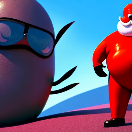 Image similar to a render of a round fat man in a red jumpsuit, wearing shiny black goggles, long pointy pink nose, long spikey light brown moustache, large cartoonish hands with white gloves, evil villain grin, high tech, hdr, 4 k, he is standing over the lorax, the lorax is on the ground, 3 d