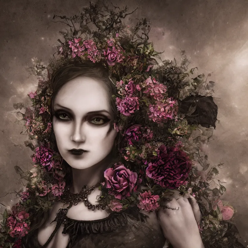 Image similar to A portrait of a Gothic goddess of floral jewels in an empty land, dark and mysterious, lively atmospheric, cinematic, 8k, 4k, ultra detail, ultra-realistic, rendered by DeviantArt