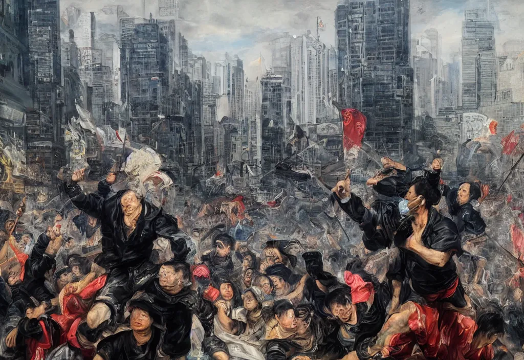 Image similar to 2 0 2 1 hong kong riot portrait by peter paul rubens. city buildings in the background.