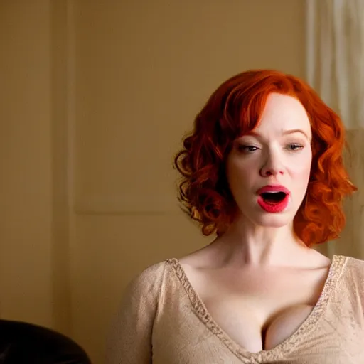 Image similar to amazing beautiful Christina Hendricks with mouth wide open in the living room, film still from the movie directed by Denis Villeneuve , wide lens