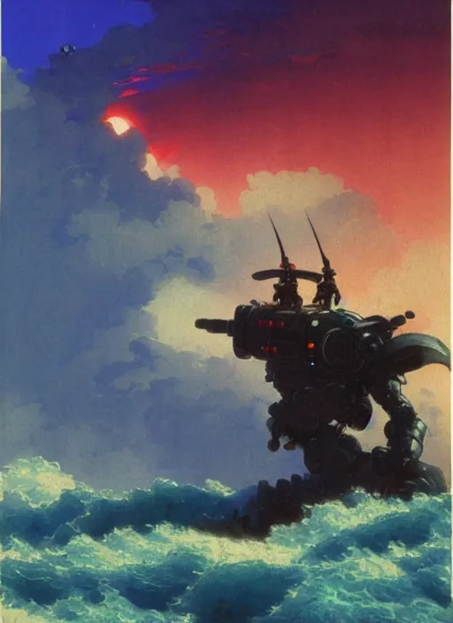 Image similar to vintage anime cinematic robot warrior emerging from moonlit tsunami wave over city by Ivan Aivazovsky, watercolor concept art by Syd Mead, by william herbert dunton, watercolor strokes, japanese woodblock, by Jean Giraud