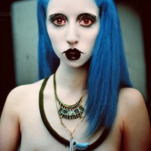 Image similar to medium shot, color slide Kodak Ektachrome E100, studio photographic portrait of Death as a young, attractive, friendly, gorgeous, pale, goth, girl in her 20s, wears a Egyptian Ankh Pendant Necklace, casual clothes, blue hour, Nikon camera, 75mm lens, f/2.8 aperture, HD, hi-res, hi resolution, deep depth of field, sharp focus, rich deep moody colors, masterpiece image, intricate, realistic, elegant, highly detailed, Shutterstock, Curated Collections, Sony World Photography Awards, Pinterest, by Annie Leibovitz