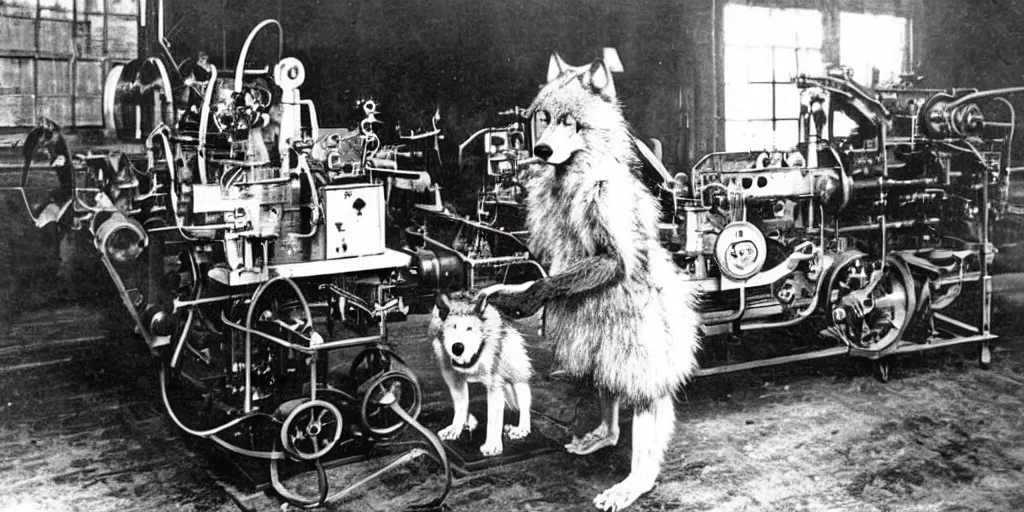 Image similar to anthropomorphic furry wolf controlling an obscure machine that has been lost to time, 1900s photograph