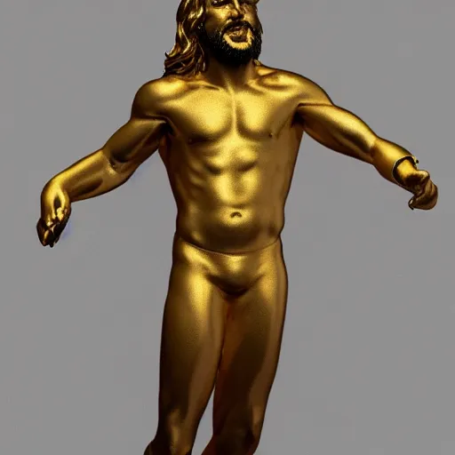 Image similar to a flawless, purely golden sculpture of a man with long hair, with trimmed beard, smiling widely, casting golden light. entirely golden statue, extremely detailed, full-body statue, award-winning art, trending on Artstation