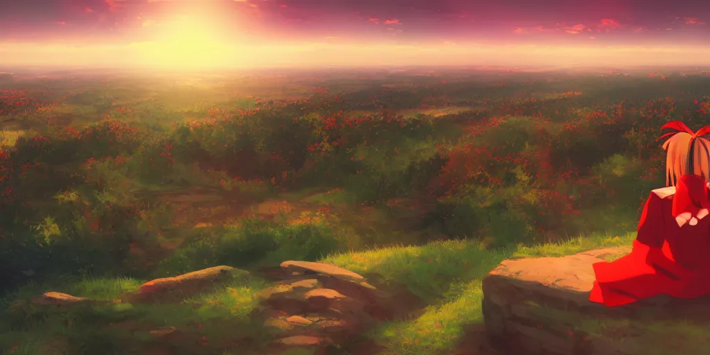 Prompt: reimu sitting on a hill off to the side looking down upon swedish town, during dawn, cinematic, very warm colors, intense shadows, anime illustration, anime screenshot composite background