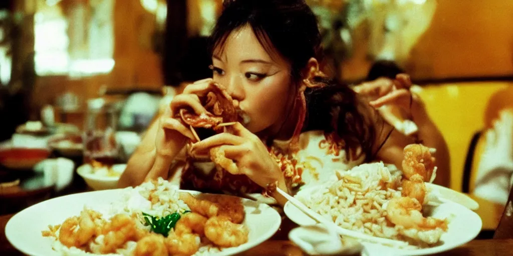 Image similar to “Bambi eating rice and fried shrimp in Chinese restaurant, realistic, 35mm film still, masterpiece”