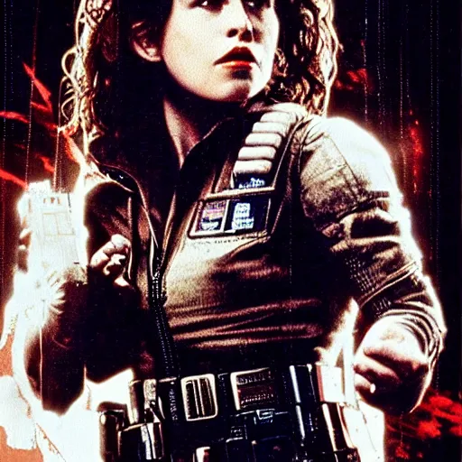 Image similar to half and covered in blood, ellen ripley, performed by emilia clarke, fights off hordes of aliens on the millennium falcon, holding a minigun in her right hand behind her and helps her with shots from a laser pistol. the style of films from the 8 0 s