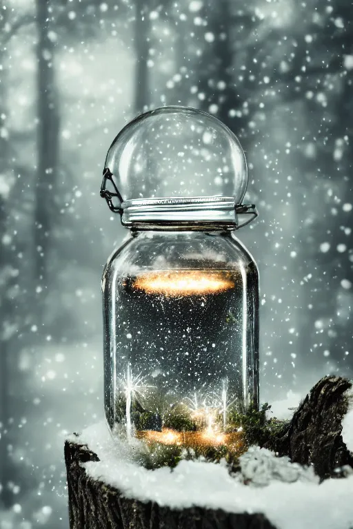 Prompt: a glass jar with a metal lid and flowers growing in earth inside, standing in snow in a dark forest. bokeh, metal lid, intricate detail, highly detailed, hyperrealistic, dark lighting, moonlight, glowing jar, magic, cgsociety, sense of awe, mystical, 8 k, beautiful digital art