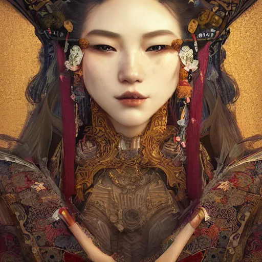 Image similar to a photorealistic dramatic fantasy render of a beautiful woman wearing a beautiful intricately detailed japanese cow kitsune mask and clasical japanese kimono by wlop, artgerm, greg rutkowski, alphonse mucha, beautiful dynamic dramatic dark moody lighting, shadows, cinematic atmosphere, artstation, concept design art, octane render, 8 k