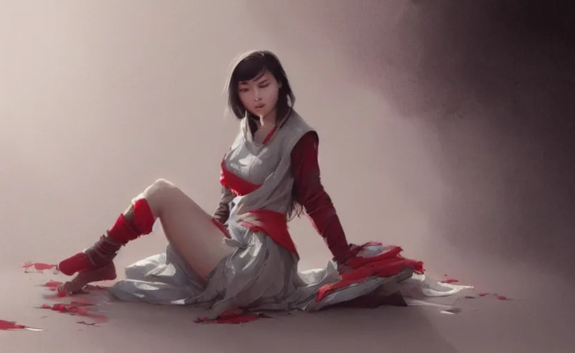 Prompt: beautiful asian woman sitting on the floor, soft grey and red natural light, intricate, digital painting, artstation, concept art, smooth, sharp focus, illustration, art by greg rutkowski and luis rollo and uang guangjian and gil elvgren, symmetry!