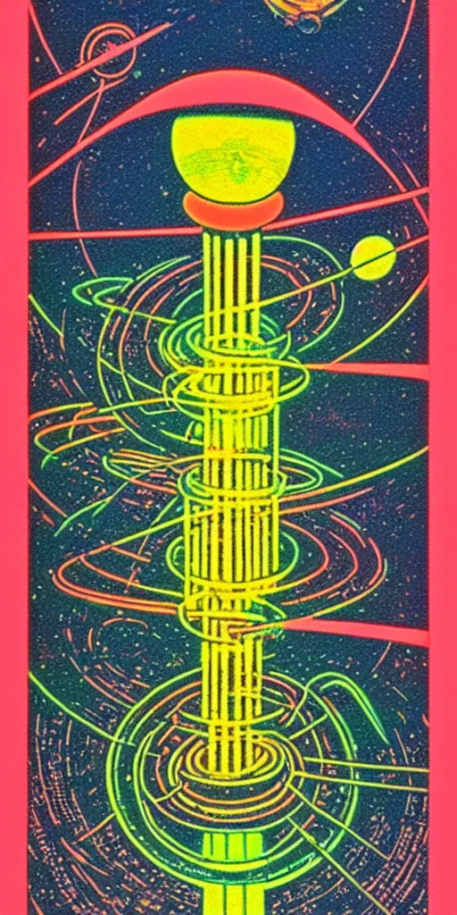 Image similar to 1968 science fiction tarot card, cut out collage, neon Roman, spring on Saturn, epic theater, deep sea, mountain plants, drawings in part by moebius, part by Ernst Haekl, text by William S Boroughs