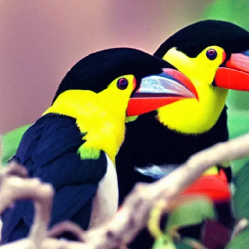 Prompt: white - breasted toucans ( ramphastos tucanus ) of gummy, lemon flavor with strawberry, cherry and orange stripes on the beak.