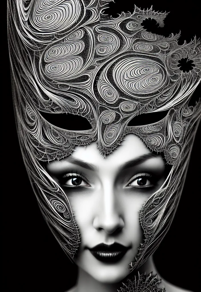 Prompt: young beautiful woman with a face covering fractal, mandelbulb mask. speed painting, scribble art. black and white, black on black. intricate, elegant, super highly detailed, professional digital painting, smooth, 8k, 3D, beautiful, cinematic. art deco, futurism, 3D, Unreal Engine, photorealistic.