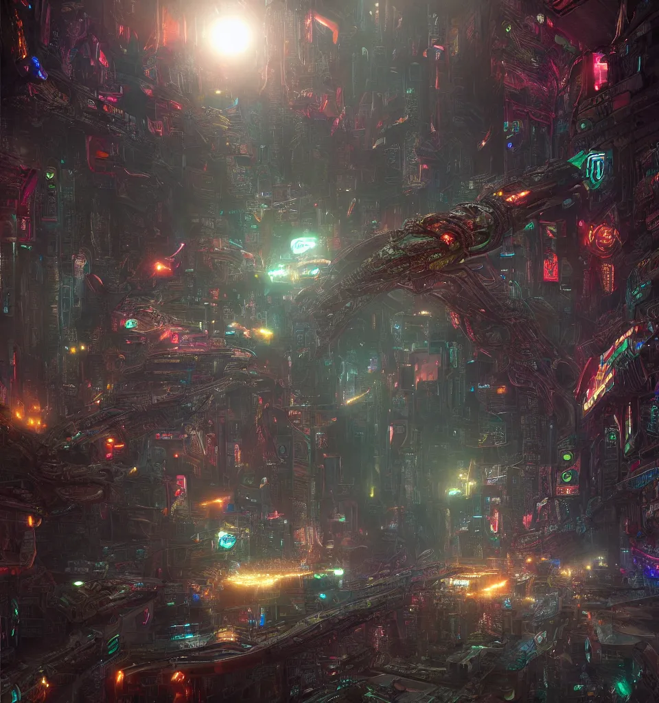 Image similar to large cyberpunk Quetzalcoatl  the feathered serpent deity, cinematic, highly detailed, octane render, cg, rich cinematic atmosphere, perfect digital art, mystical journey in strange world, robotic, circuits, Mystical, cyberpunk, sci-fi, surreal, glowing lights, sharp focus, high detailed, by Greg Rutkowski, Gary Houston, Stephan Martiniere