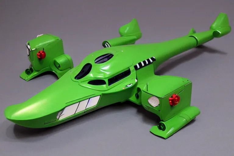 Image similar to Thunderbird 2 green spacecraft, side view, in the style of Supermarionation