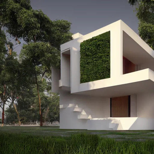 Image similar to low - cost housing designed by architect b v doshi ; award winning indian stunning architectural photography from magazine ; wide angle view 1 4 mm lens f 2 2 ; evermotion archexterior, v - ray + unreal engine + clear straight lines + daz studio iray + highly detailed 8 k textures + hdr lighting, ray traced, v - ray, vue render, artstation