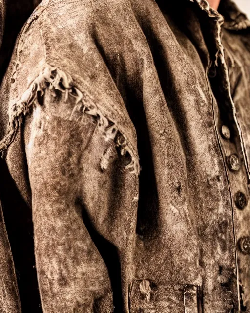 Prompt: a close up award - winning photo of an ancient male model wearing a thick plain cropped extremely baggy distressed pirate designer menswear cloth jacket designed by alexander mcqueen, 4 k, studio lighting, wide angle lens