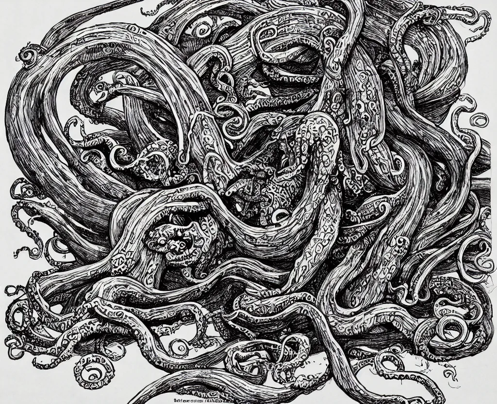 Image similar to a drawing of a large book with evil tentacles escaping from it, in the style of edward gorey