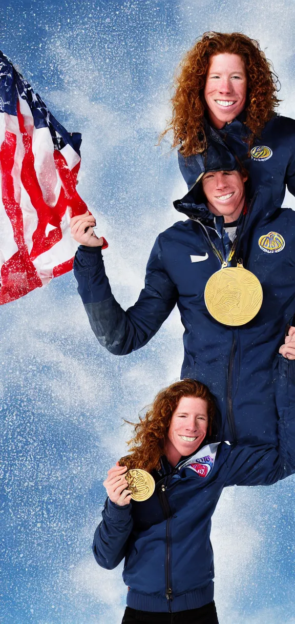 Image similar to high quality photograph of shaun white holding a gold medal with blue sky above him, rule of thirds, upper body shot, high quality, portrait image, nikon d 7 8 0